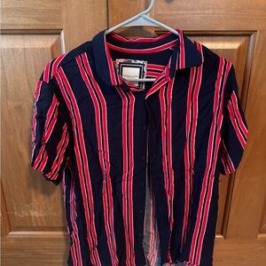 Navy and Red Striped Casual Button Down Shirt